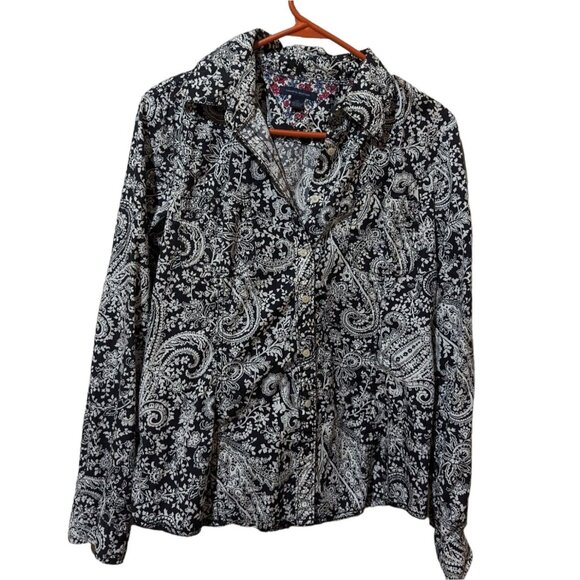 Tommy Hilfiger Shirt Women's size L black white paisley button-down long sleeve - Picture 2 of 5